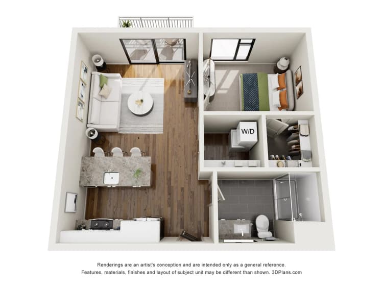 Green Bay apartments for rent - image - Modern 1-bedroom apartment floor plan featuring a cozy living area, stylish kitchen with an island, spacious bathroom, and private balcony.