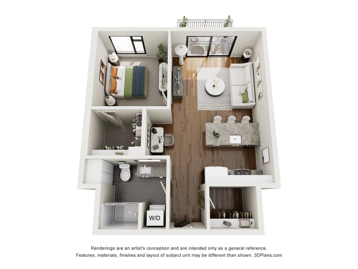 Green Bay apartments for rent - image - Modern 3D apartment floor plan with a cozy bedroom, spacious living area, stylish kitchen with island, and elegant balcony access.
